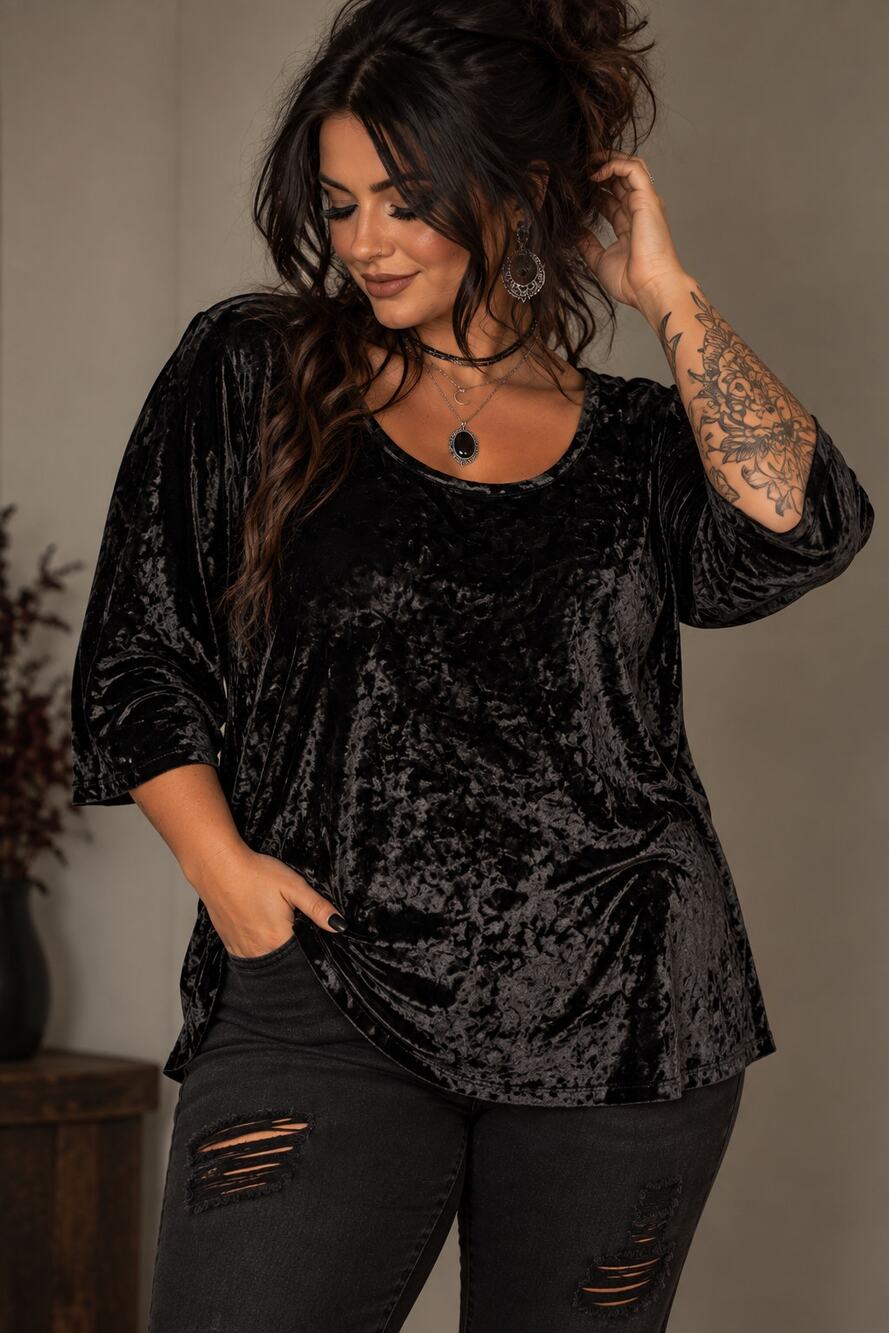 Cynthia Rowley Black Crushed Velvet Top XL 1X Plus 3/4 Sleeve Goth Whimsigoth